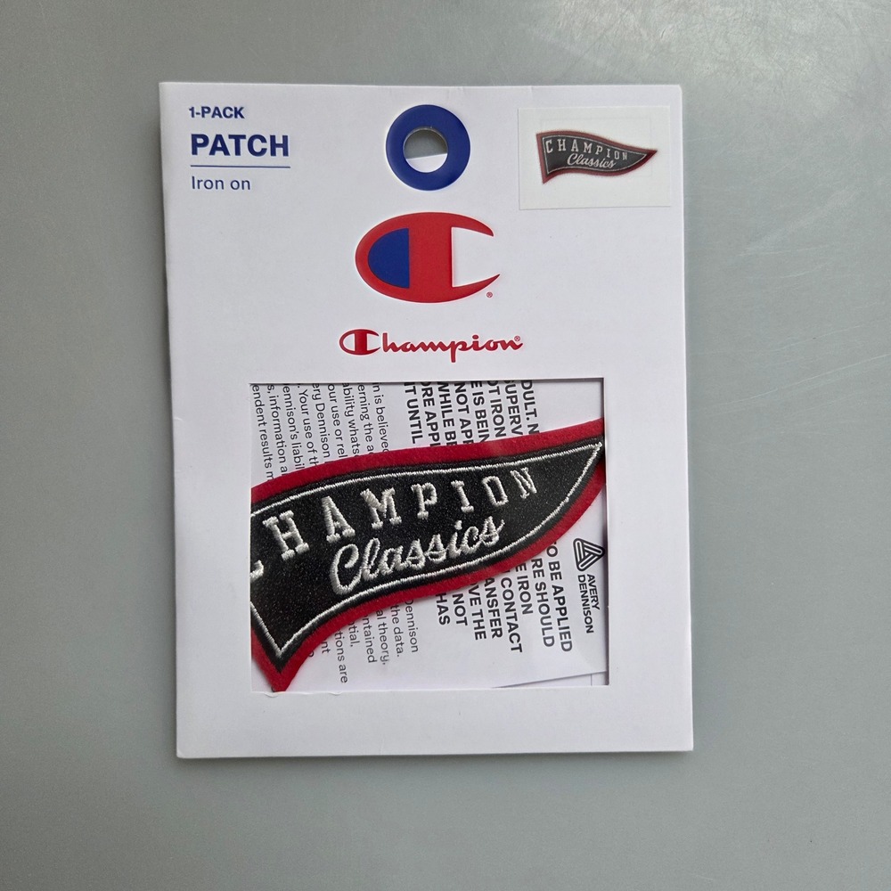 Champion Classics Iron On Patch Black Red Pennant Logo 3.5x1.5 Avery Dennison